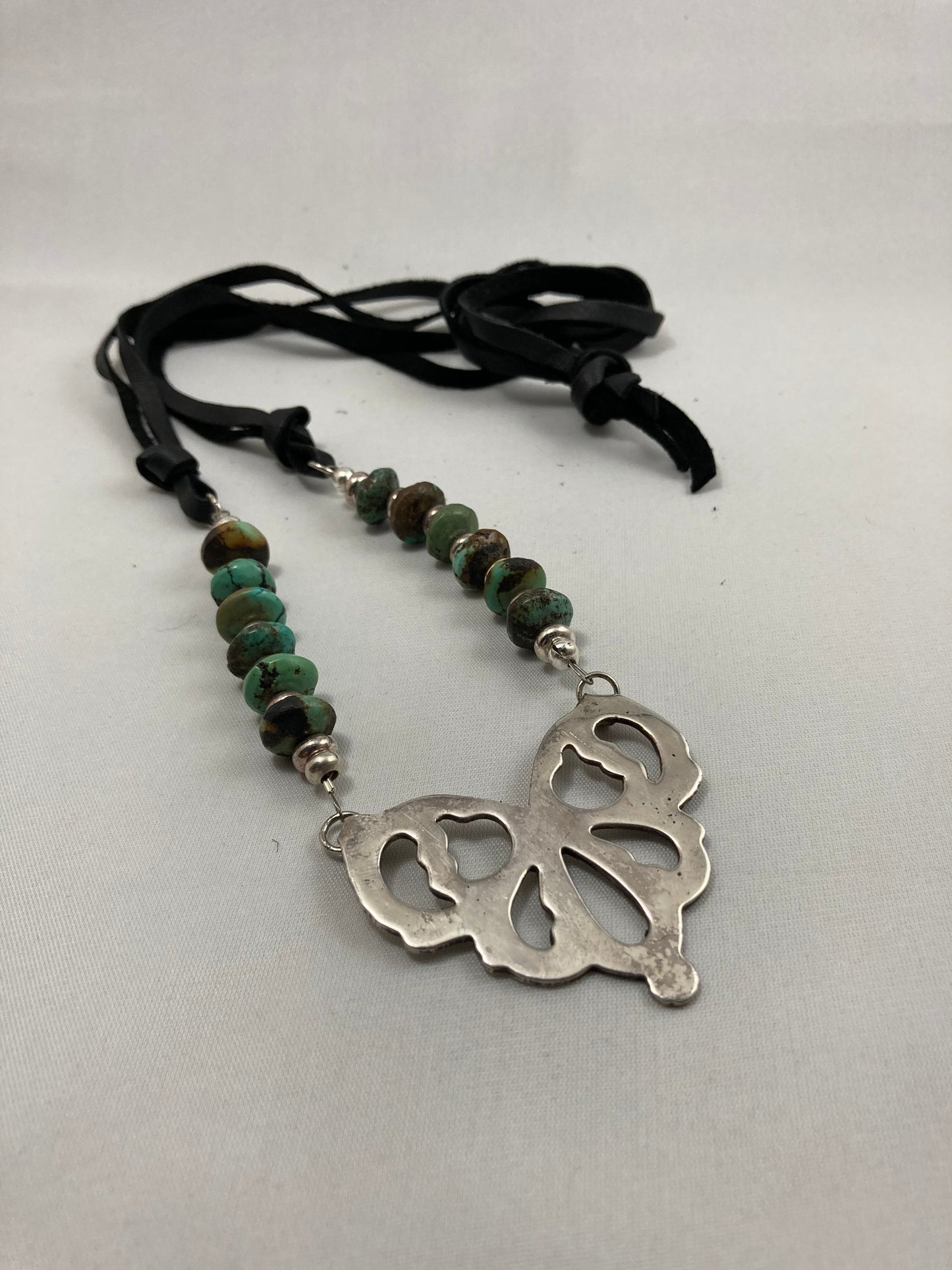 Silver, Turquoise, & Leather Necklace from a Serving Bowl Handle