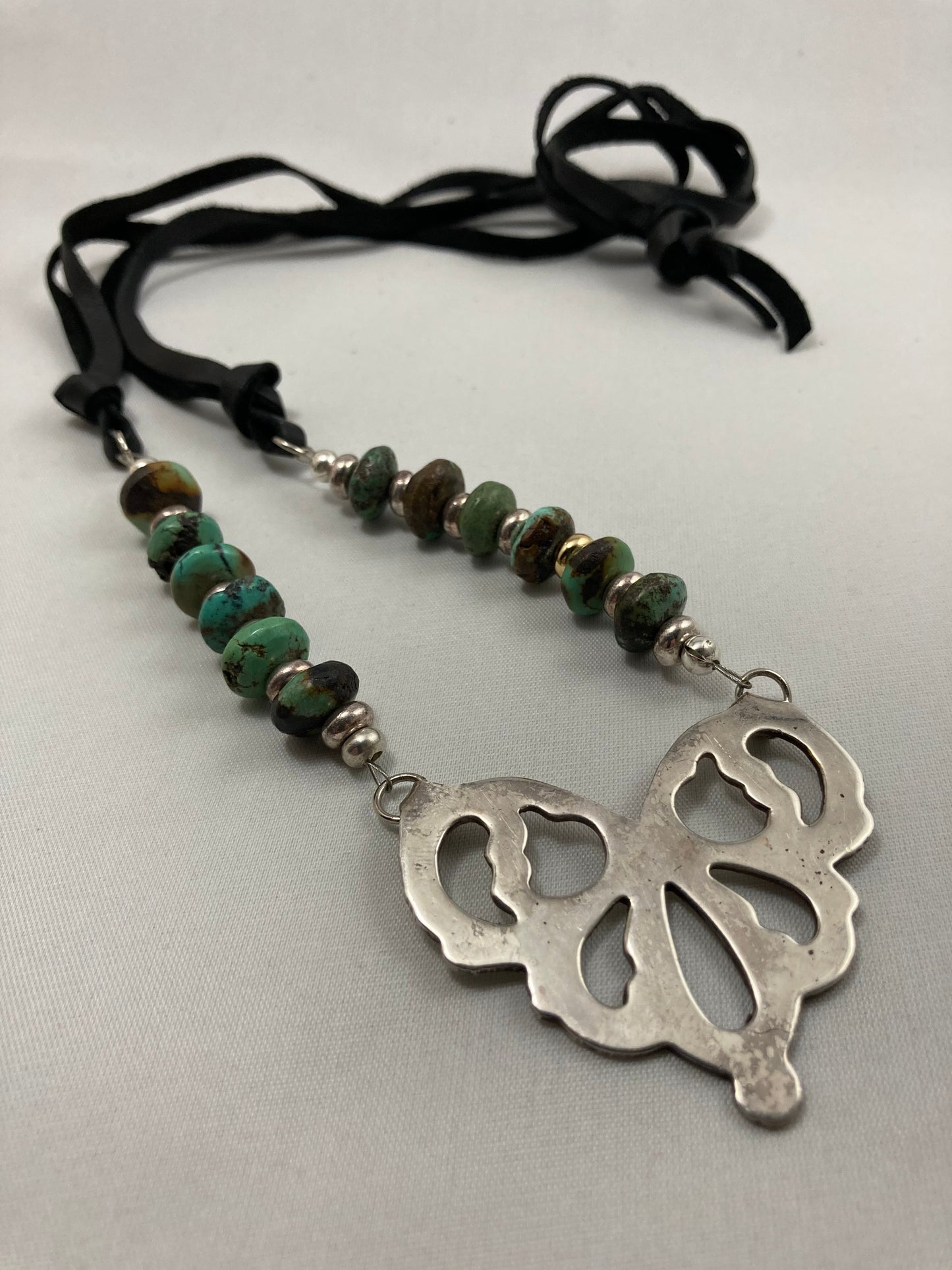 Silver, Turquoise, & Leather Necklace from a Serving Bowl Handle