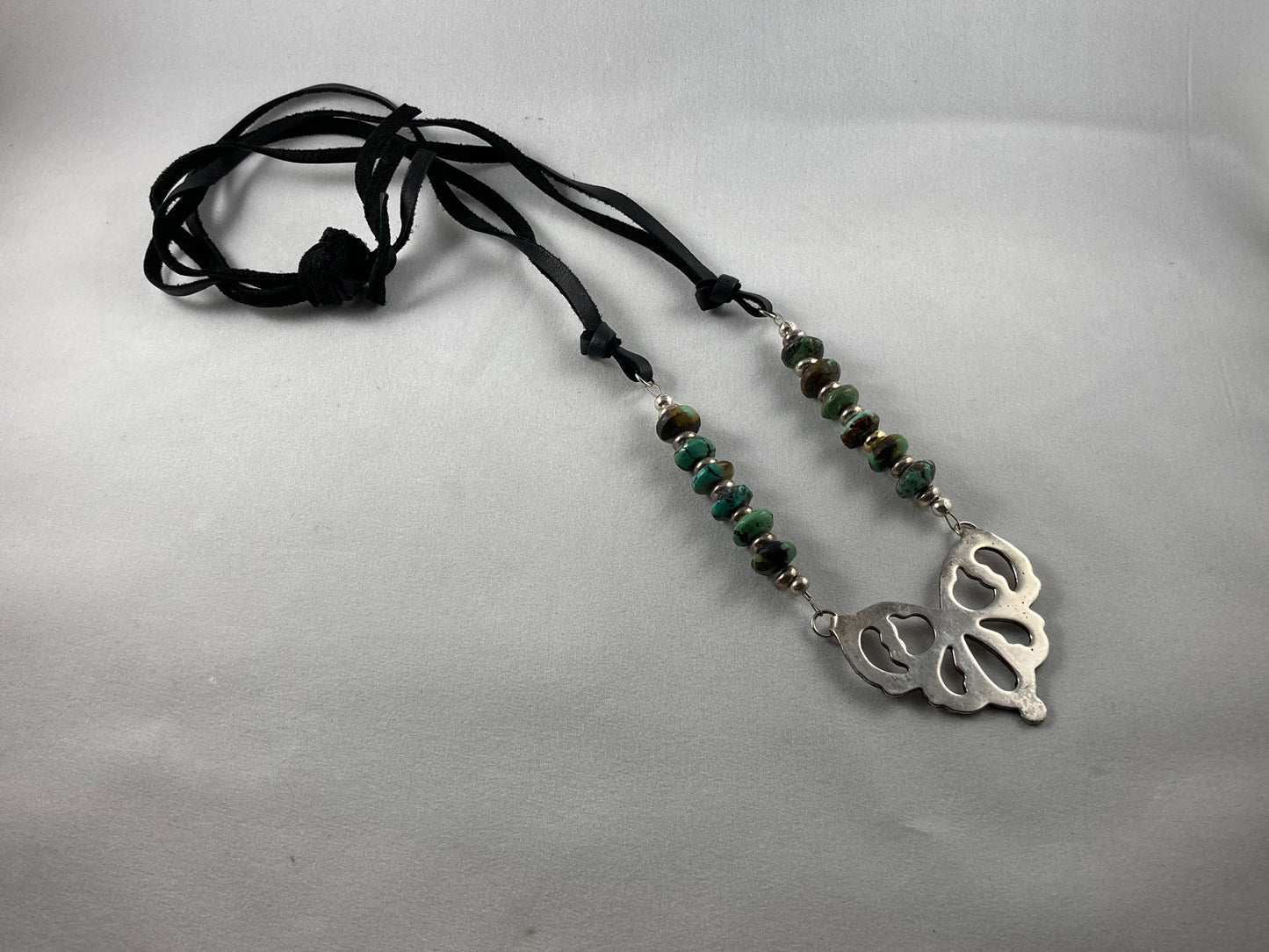 Silver, Turquoise, & Leather Necklace from a Serving Bowl Handle