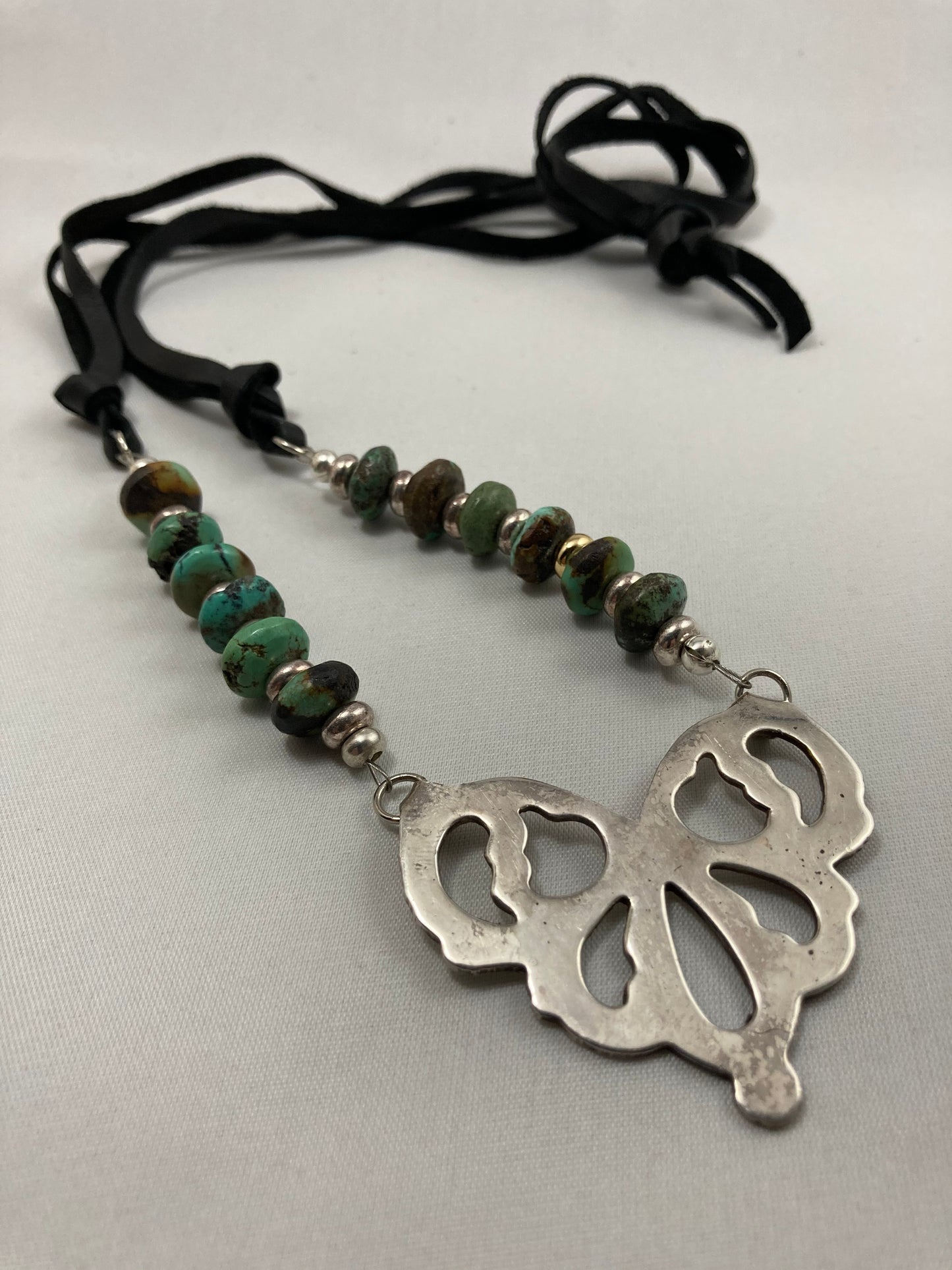 Silver, Turquoise, & Leather  Necklace from a Serving Bowl Handle